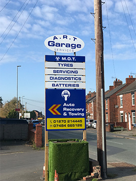 ART Garage Crewe Front sign. Our MOT and Service centre is down the side road from this sign.